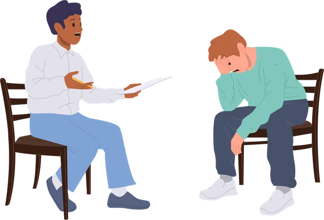 Male psychotherapist counseling man client with depression disorder during therapy session  Illustration
