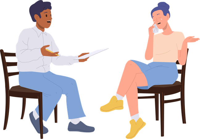 Male psychotherapist talking to crying woman patient during therapy interview session  イラスト