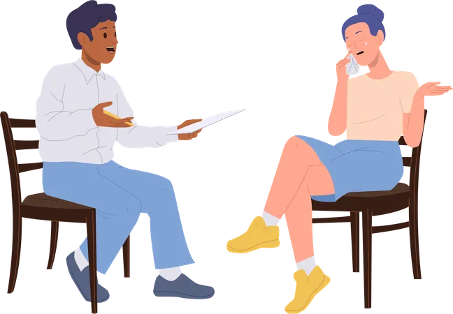 Male psychotherapist talking to crying woman patient during therapy interview session  イラスト