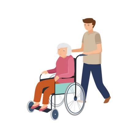 Male pushing wheelchair for old woman  Illustration