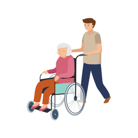 Male pushing wheelchair for old woman  Illustration