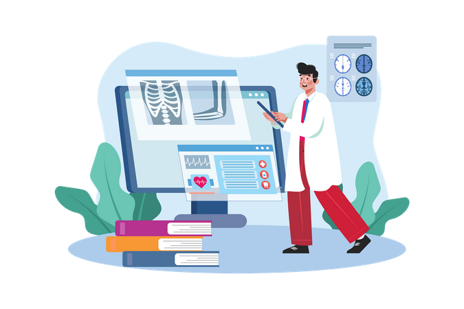 Male radiologist uses medical imaging to diagnose and treat diseases  Illustration