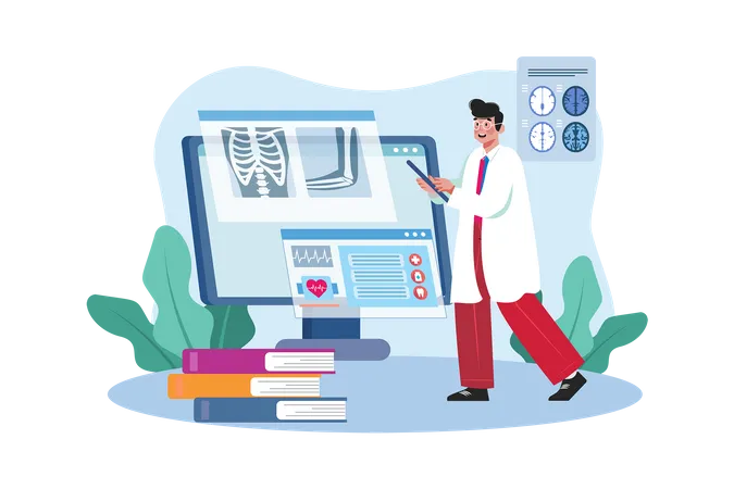 Male radiologist uses medical imaging to diagnose and treat diseases  Illustration