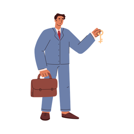 Male realtor in suit and with briefcase holding key  Illustration