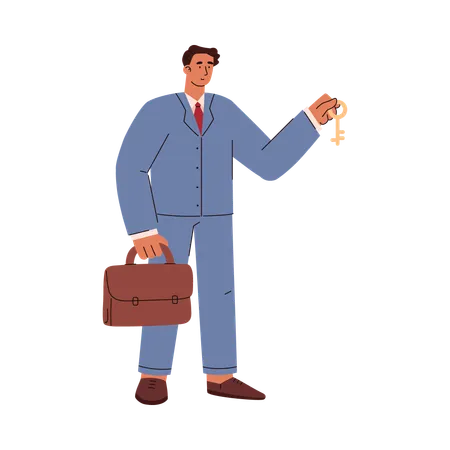 Male realtor in suit and with briefcase holding key  Illustration