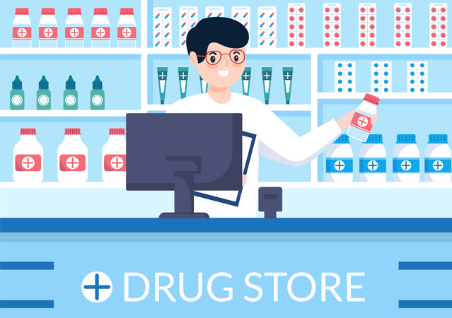 Male receptionist at drug store  Illustration