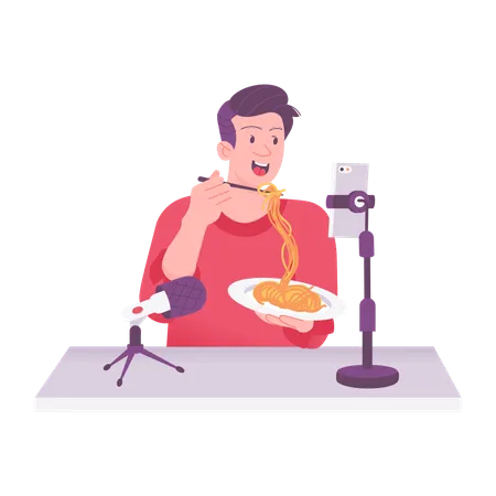 Male Recording Food Vlogging  Illustration