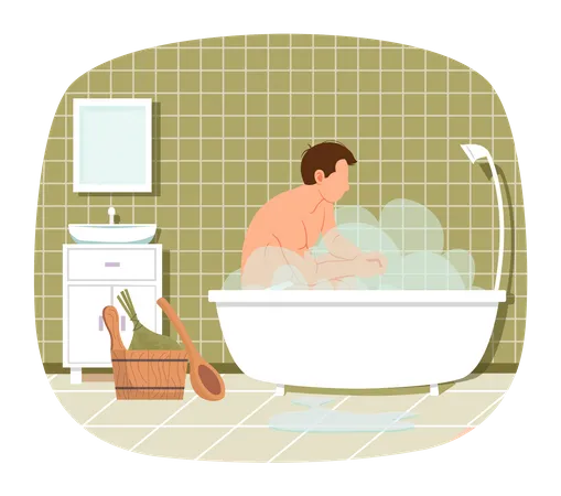Man Sitting In Bathtub With Hot Water Trendy Bathroom Modern Interior Design Guy Is Taking Bath With Foam Cleansing Skin And Hair Concept Male Character Relaxing In Home Sauna With Steam Illustration