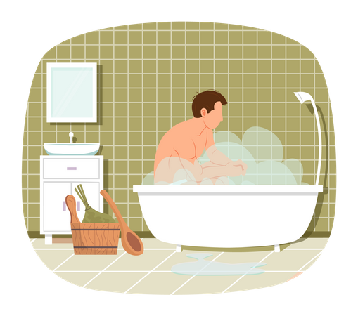 Male relaxing in home sauna  Illustration