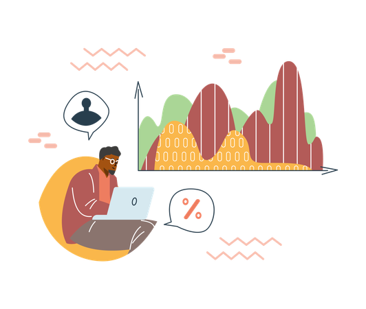 Male researcher calculates global population statistics data on his laptop  Illustration