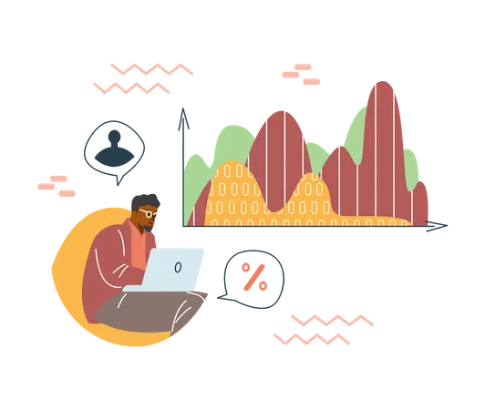 Male researcher calculates global population statistics data on his laptop  Illustration