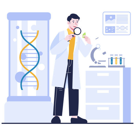 Male researcher doing Microscopic DNA Analysis  Illustration