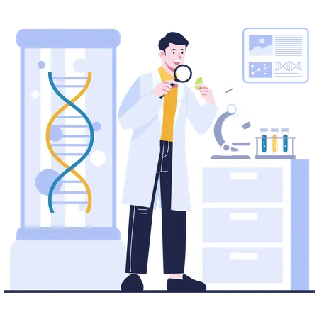 Male researcher doing Microscopic DNA Analysis  Illustration