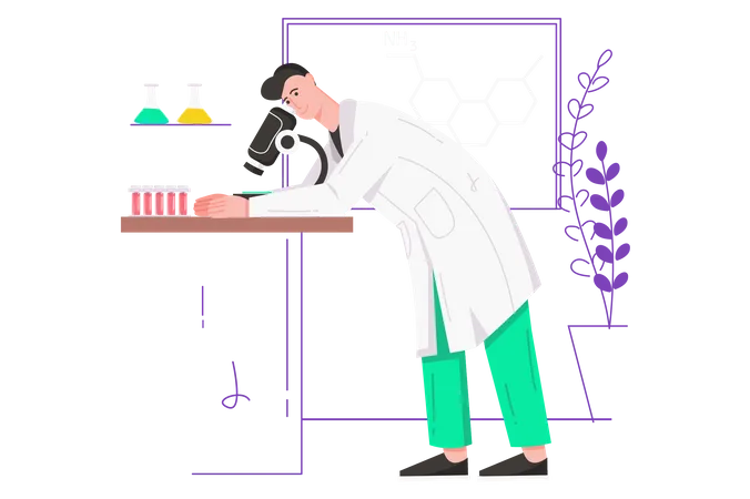 Scientist Works In Science Laboratory Modern Flat Concept Male Researcher Makes Test Using Microscope And Equipment Studies Microbiology Vector Illustration With People Scene For Web Banner Design Illustration