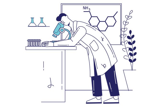 Male researcher makes test using microscope and equipment Illustration
