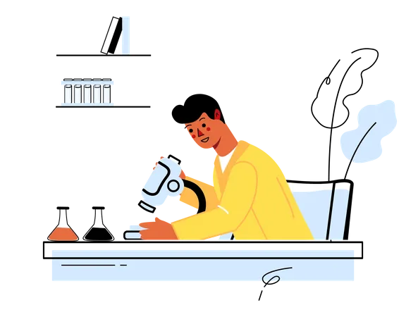 Male researcher makes test using microscope and equipment  Illustration