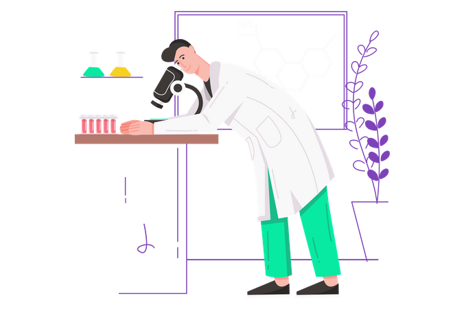 Male researcher makes test using microscope and equipment  Illustration