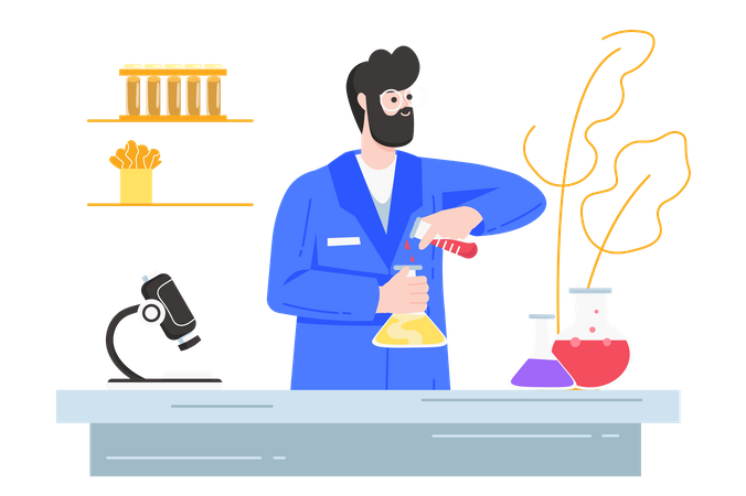 Male researcher pours liquid from tube into flask  Illustration