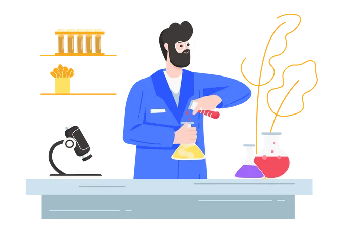 Male researcher pours liquid from tube into flask  Illustration