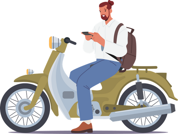 Male Rider Riding Retro Scooter Illustration