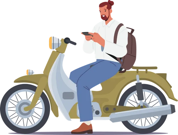 Male Rider Riding Retro Scooter  Illustration