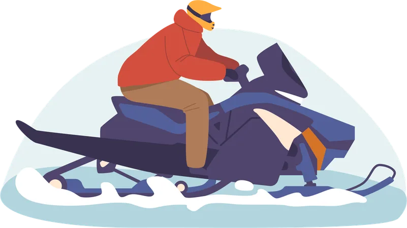 Male Character Skillfully Maneuvers A Snowmobile Through The Pristine Snow Covered Landscape Leaving A Trail Of Exhilarating Adventure In His Wake Cartoon People Vector Illustration Illustration