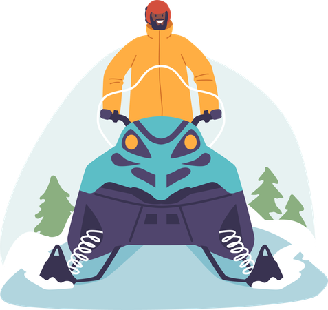 Male riding Snowmobile on mountain  Illustration