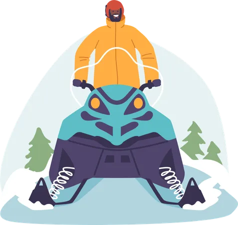 Male Character Bundled Up In Winter Gear Skillfully Navigates A Snowmobile Through The Pristine Snow Covered Landscape Leaving A Trail Of Excitement Behind Cartoon People Vector Illustration イラスト