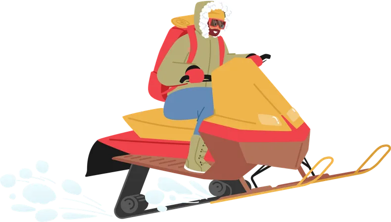 Male Character Roaring Through Icy Terrain On A Snowmobile Man Conquers The Snowy Expanse Adrenaline And Frosty Winds Create A Thrilling Symphony Of Speed And Winter Magic Vector Illustration Illustration