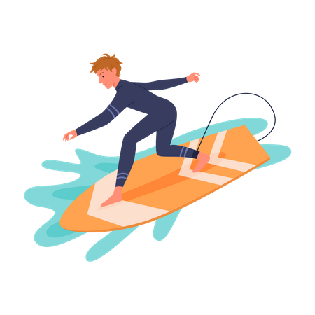 Male Riding Surfboard in ocean  Illustration