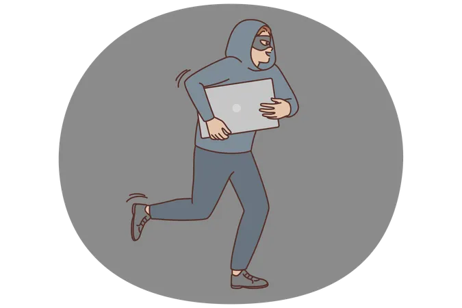 Male robber in mask steal computer  Illustration