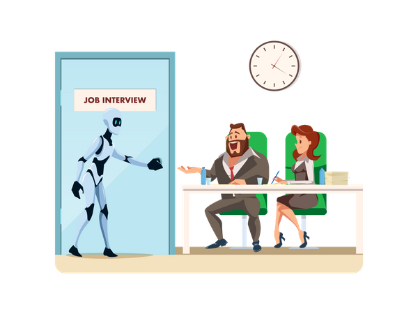 Male robot candidate enters for job interview  Illustration