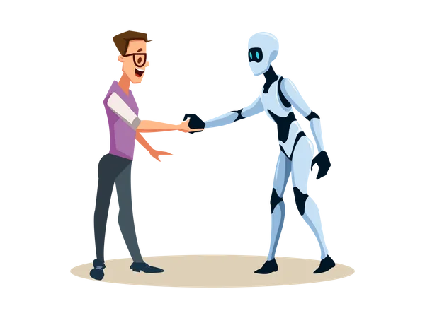 Male robot handshaking with human employee Illustration