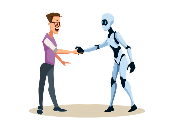 Male robot handshaking with human employee  Illustration