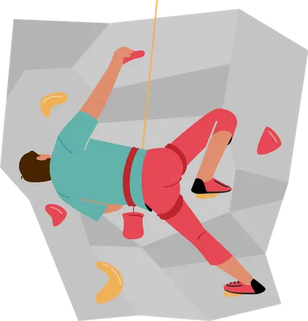 Male Character Rock Climber Practicing In Rope Park Man Climbing Wall With Grips Healthy Life And Extreme Activity Training Competition Sportsman Climb Up Rock Cartoon People Vector Illustration Illustration
