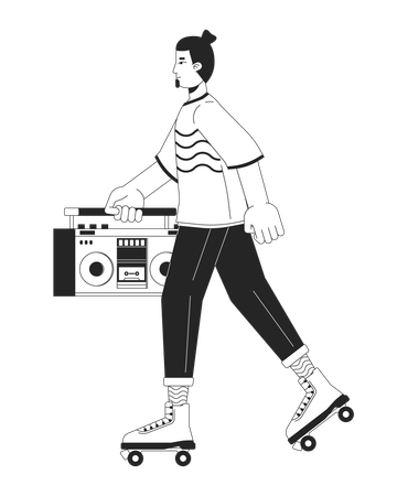 Patineur à roulettes mâle tenant une boombox  Illustration