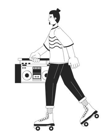 Patineur à roulettes mâle tenant une boombox  Illustration