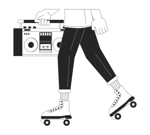 Patineur à roulettes mâle tenant des jambes de dessin animé linéaire boombox 2D en gros plan  Illustration