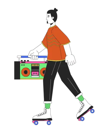 Rollerblading With Boom Box Line Cartoon Flat Illustration Caucasian Male 80 S Riding Roller Skates 2 D Lineart Character Isolated On White Background Eighties Nostalgia Scene Vector Color Image Illustration