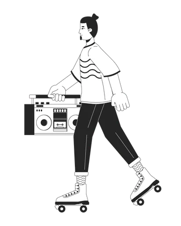 Rollerblading With Boom Box Black And White Cartoon Flat Illustration Caucasian Male 80 S Riding Roller Skates 2 D Lineart Character Isolated Eighties Nostalgia Monochrome Scene Vector Outline Image Illustration