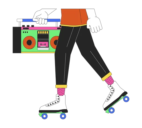 Male Roller Skater Holding Boombox 2 D Linear Cartoon Legs Close Up 80 S Caucasian Man Isolated Line Vector Hands Closeup White Background Rollerskating With Audio System Color Flat Spot Illustration Illustration