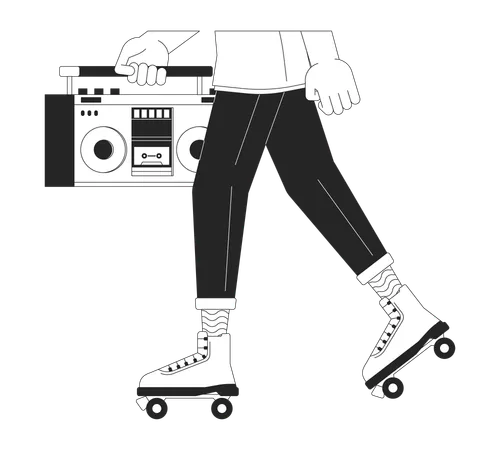Male Roller Skater Holding Boombox Black And White 2 D Line Cartoon Legs Closeup 80 S Caucasian Man Isolated Vector Outline Hands Close Up Rollerskating With Audio Monochromatic Flat Spot Illustration Illustration