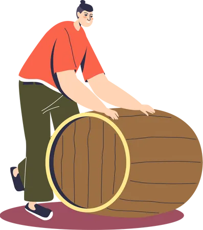 Male rolling wooden barrel of fresh brewed beer Illustration