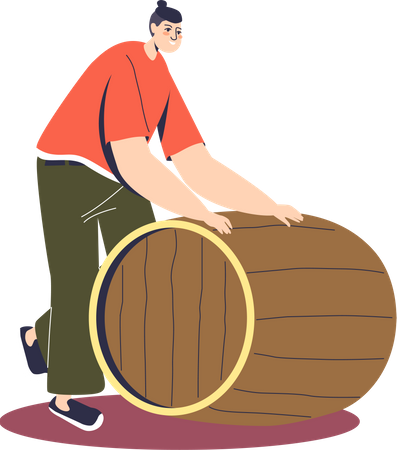 Male rolling wooden barrel of fresh brewed beer  Illustration