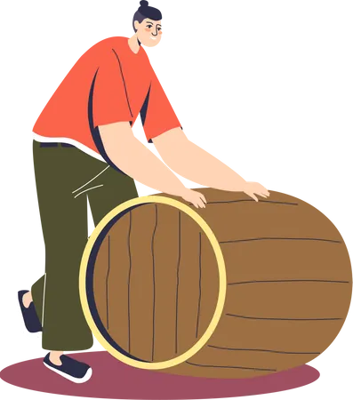 Male rolling wooden barrel of fresh brewed beer  Illustration