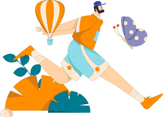 Male running while catching butterfly in park  Illustration