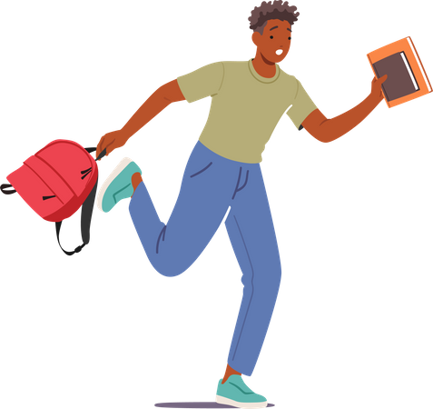 Male Running with Backpack And Books in Hands Being Late  Illustration