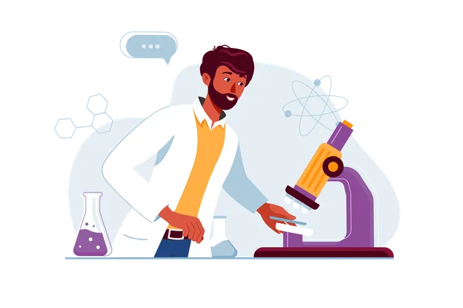 Male scientist checks results of experiment under microscope  Illustration