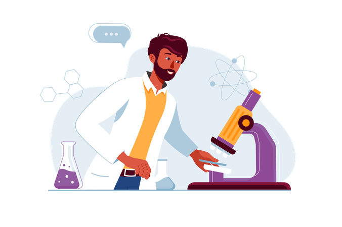 Male scientist checks results of experiment under microscope  Illustration