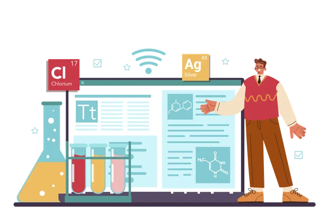 Chemist Online Service Or Platform Scientist Doing An Experiment In The Laboratory Chemical Substances Atoms Research Online Research Flat Vector Illustration Illustration